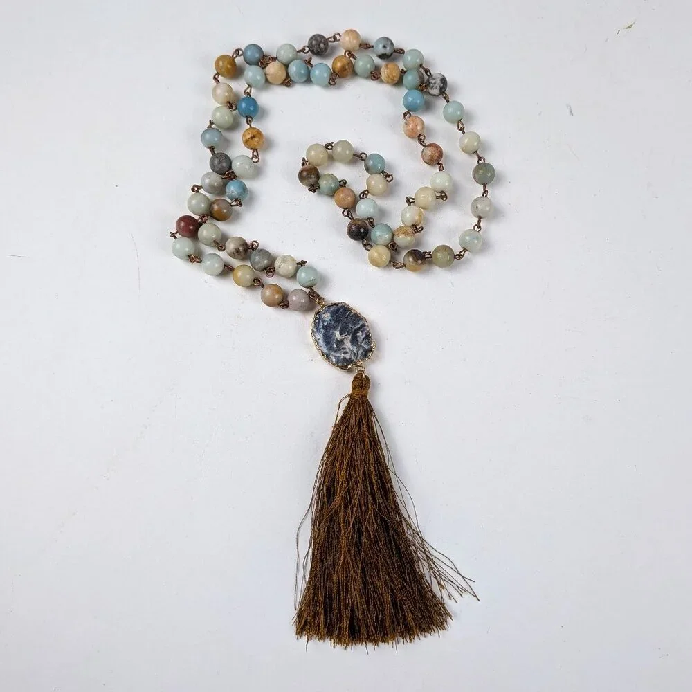 Long Beaded Natural Stone Gold Tassel Necklace - Picture 1 of 7